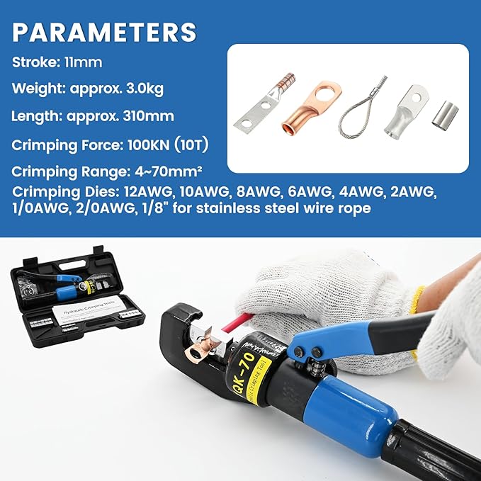 10T Hydraulic Lug Crimper Tool 12 AWG to 2/0 AWG Battery Cable Crimper Hydraulic Crimping Tool Electrical Terminal Wire Crimper with 9 Pairs of Dies Kit, Blue
