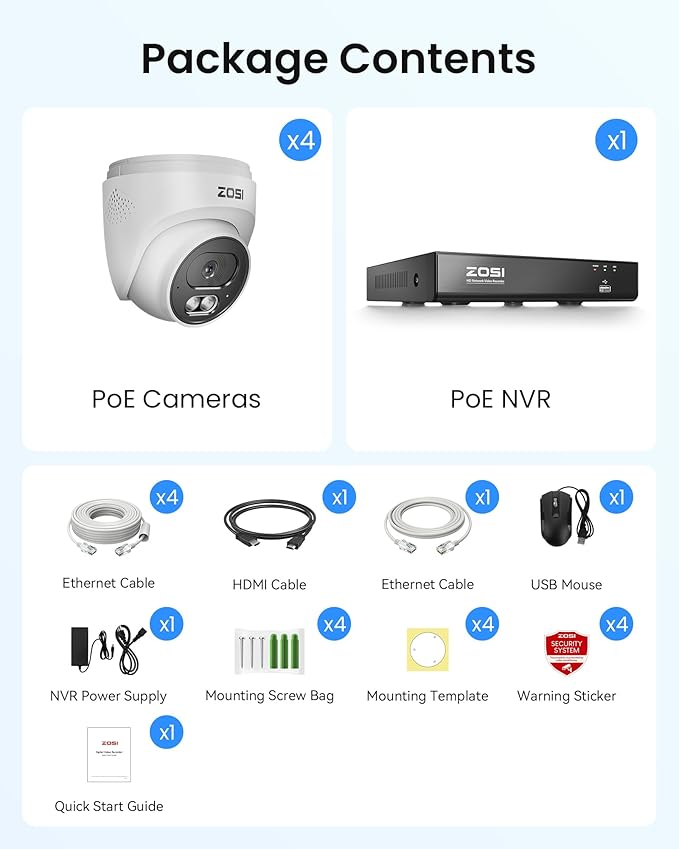 ZOSI C220 4K 8MP 8CH POE NVR Security Camera System (16CH Expandable), 4 x 8MP PoE IP Dome Cameras Outdoor Indoor, AI Human/Vehicle/Face Detection, Two-Way Talk, 100ft IR Night Vision, 2TB HDD