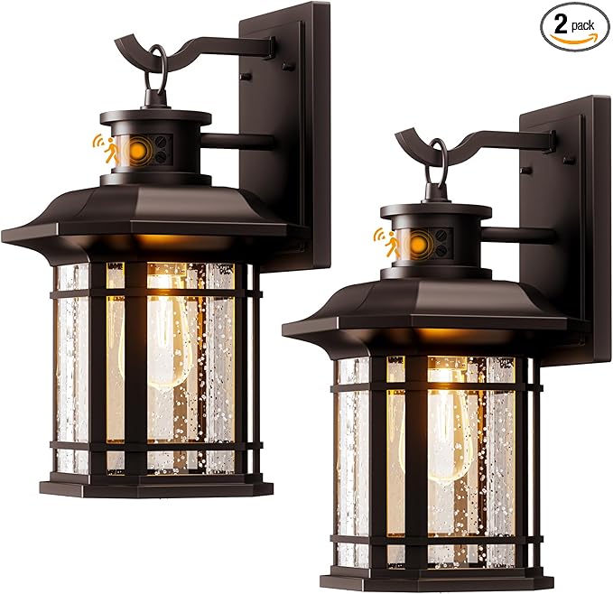 Motion Sensor Outdoor Lights 2 Pack, Brown Dusk to Dawn Outdoor Lighting, Exterior Light Fixtures with 3 Working Modes, Wall Mounted IP65 Waterproof Lights for House Porch Patio