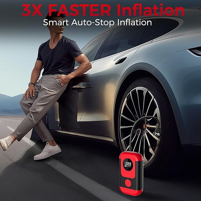 Tire Inflator Portable Air Compressor & Car Jump Starter, Cordless Air Pump with LED Light & Pressure Gauge for Auto,Motorcycles,Bikes,Balls, Emergency Battery Booster & Phone Charger,150PSI