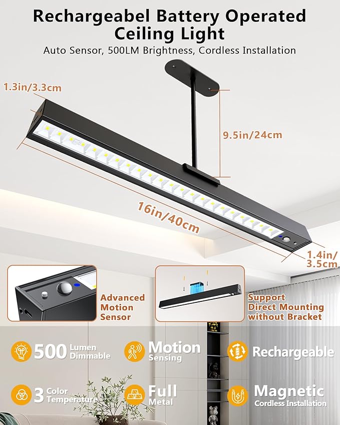 Rechargeable Motion Sensor Ceiling Light, Full Metal Pendant Lights, Battery Operated LED Closet Lights with Remote, Timer - 3 Color 500LM Dimmable, Cordless Magnetic Mount for Garage Kitchen,Black