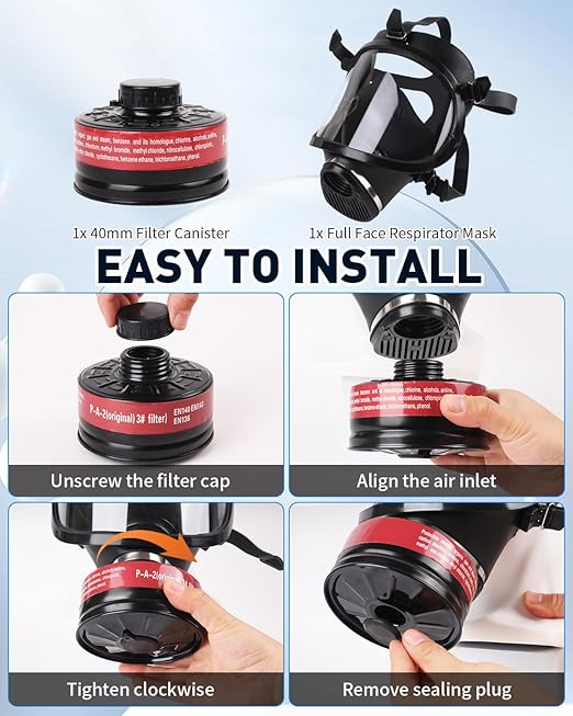 Gas Mask Survival Nuclear and Chemical, Full Face Respirator Mask with 40mm Activated Carbon Charcoal Filter Canister Reusable Respirator for Dust Spray Machining Medical Soldering Polishing