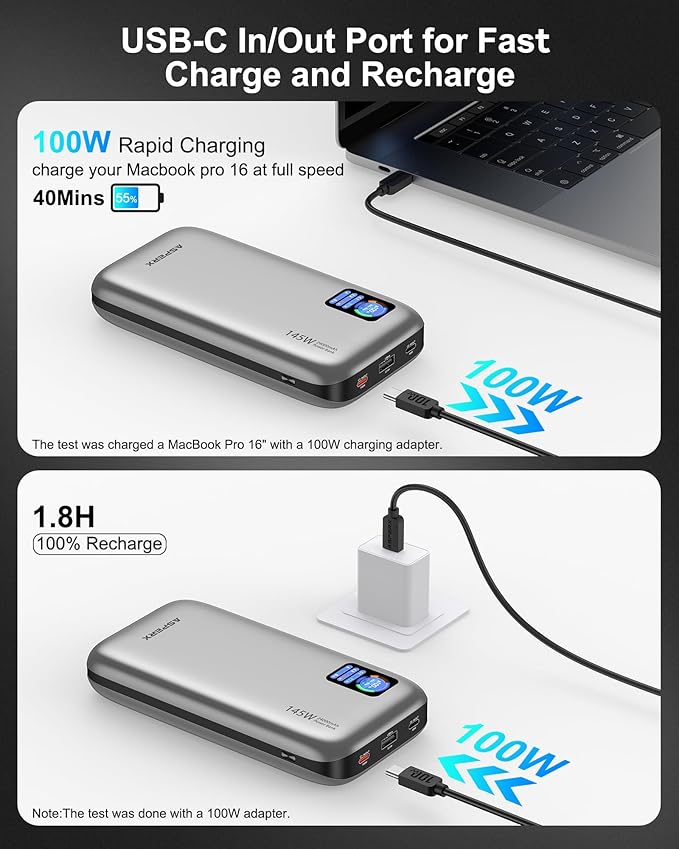 AsperX Laptop Portable Charger, 24,000mAh 145W Power Bank, TFT Smart Display, USB C PD 3.1 Fast Charging Travel Battery Pack (86.4Wh) for MacBook, iPhone 17/16,Dell XPS, Steam Deck(Flight-Approved)