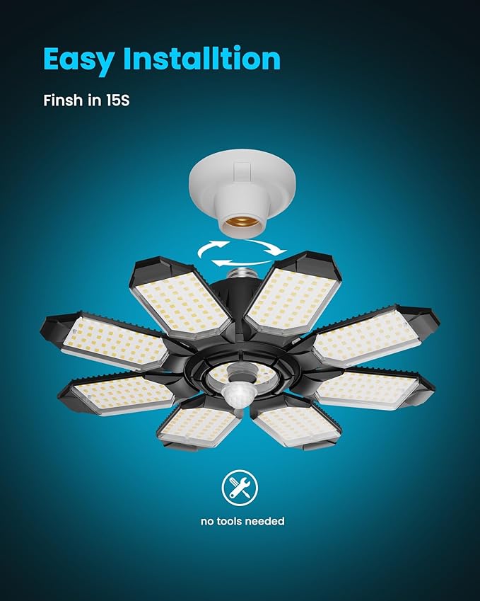 Motion Sensor Garage Lights 2 Pack, 25000LM Motion Activated Shop Light with 8+1 LED Deformable Panels, 360° Detection, Motion Sensor Ceiling Light for Garage, Workshop, Basement, Laundry Room