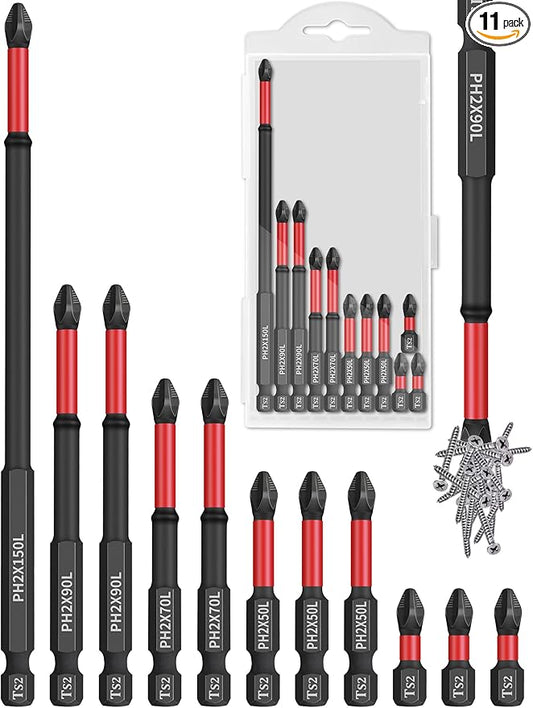 Tomorotec 11PCS Magnetic Phillips Screwdriver Drill Bit Set #2 - Anti-Slip, Shock-Absorbent, Compatible with Impact & Electric Screwdrivers (Red)