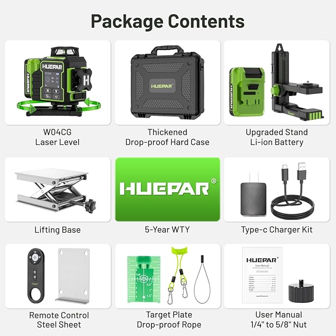 Huepar Laser Level 360 Self Leveling, W04CG Upgraded 4x360° Bluetooth Construction Lazer Leveler Tool with Electric Rotating Base & Large LCD Screen, 4D 16 Lines Green Cross Laser Level