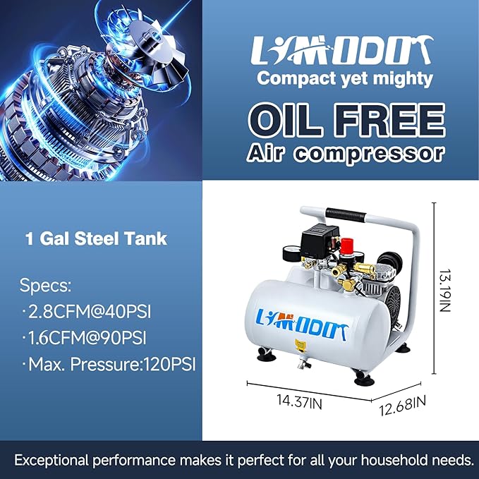 Ultra Quiet Air Compressor, Only 60dB, 1 Gallon Steel Tank, Oil-Free, Electric Air Compressor Perfect for Woodwork Nailing, Garage, Car, Pneumatic Tool, Includes 25 Ft. Air Hose Kit