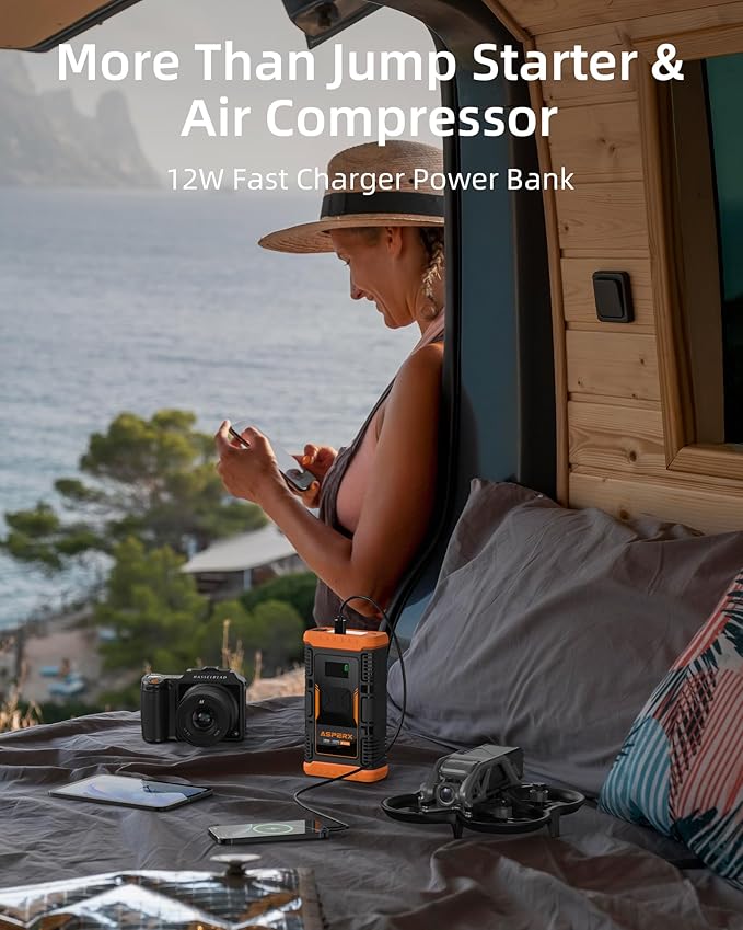 ASPERX Jump Starter with Air Compressor,γUpgrade & Safety Certsγ10L Gas/8L Diesel(Almost All Cars) 12V Jumper Box Car Battery Jumper Starter Portable with Tire Inflator, Jumper Cables, Display & Light