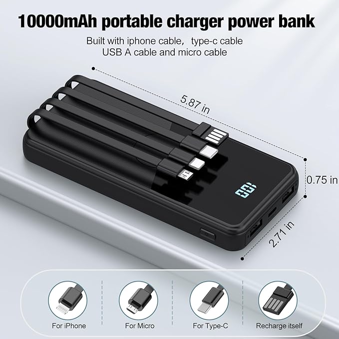Portable Charger with Built in Cables,High Speed Power Bank 10000mAh Travel Battery Pack 5 Outputs 3 Inputs Portable Phone Charger Backup Battery for iPhone, Samsung, iPad,Tablets (Black)