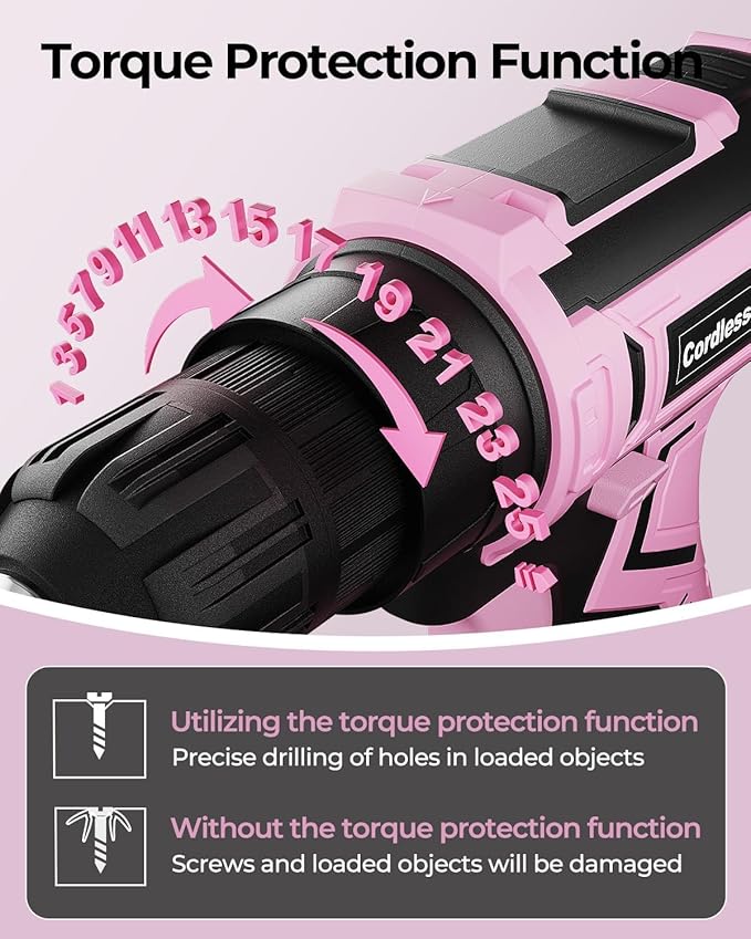Pink Cordless Drill Set, Double 2000mAh Power Pack Electric Power Drill for Women, 20V Lightweight Electric Screwdriver Driver with Power Pack & Charger, 3/8" Keyless Chuck, Womens Tool Kit for House