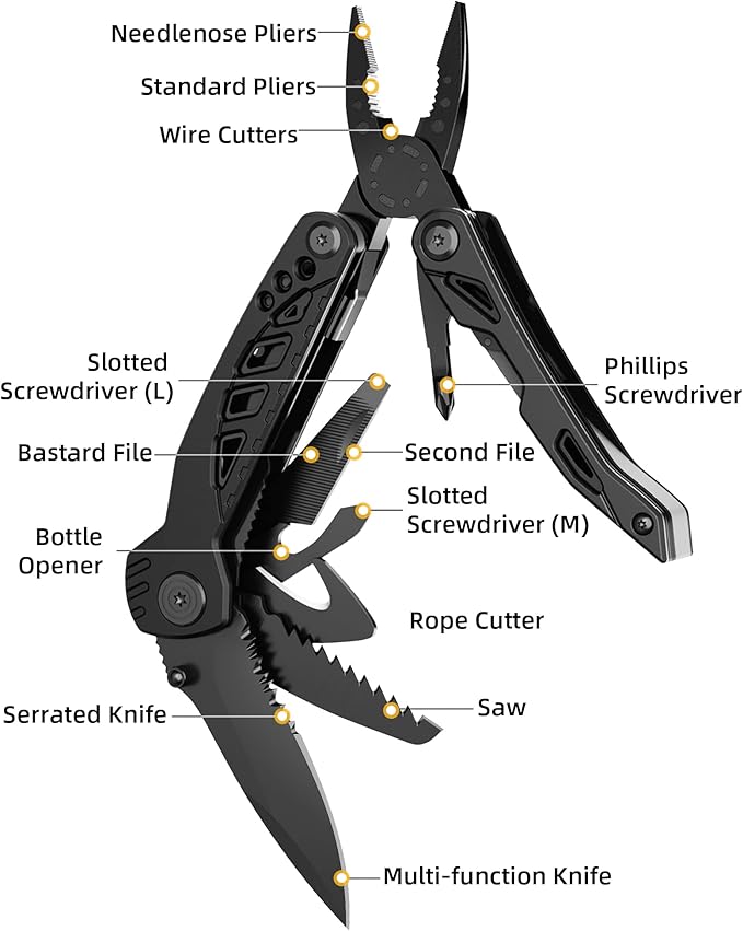 Pohaku Multitool Knife, Pohaku 13 in 1 Pocket Multitool, Multi Tool with 3" Large Blade, Safety Locking Design, Spring-Action Plier, Durable Nylon Sheath for Outdoor, Camping, Fishing, Survival,Hiking