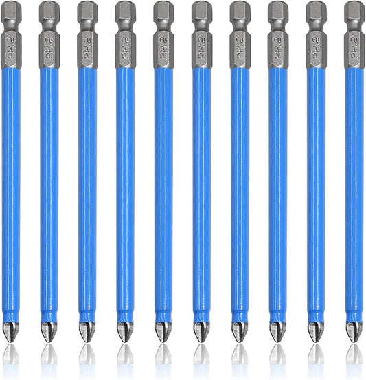 10 Pcs Magnetic Phillips Screwdriver Bit Set 5 inch Long, PH2 Phillips Bits Set, Non-Slip Cross Head Electric Screwdriver Bits Set 1/4" Hex Shank (PH2, 127mm)