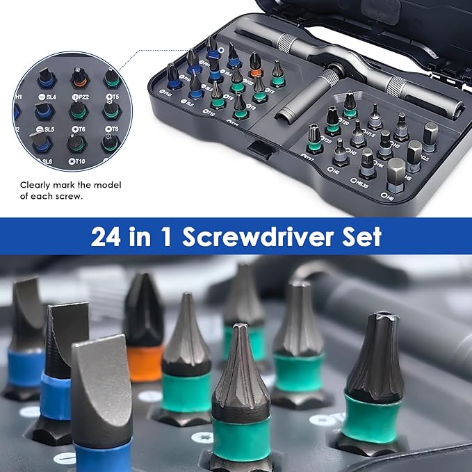 24 in 1 Magnetic Ratchet Screwdriver Set, Precision Screwdriver Set Kit with Detachable Handle & Multi-Bit Tips, Portable DIY Repair Tool for Furniture, Computer, Bicycle, Phone, Watch, Electronics