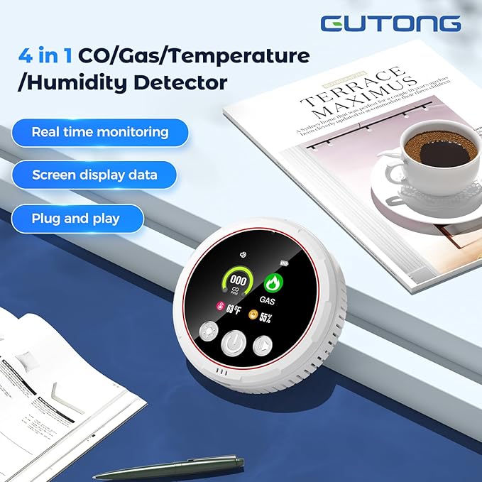 4 in 1 Carbon Monoxide Detectors Plug in, Natural Gas Detector & Carbon Monoxide Detector & Battery Backup, HD Digital Display Monitors CO, Gas, Temp, Humidity - Home Safety for House, RV, Apartment