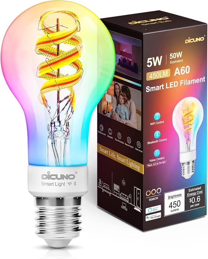 DiCUNO Smart Edison Bulb A19, Color Changing WiFi Smart Light Bulb, Vinatge A60 Filament Bulb Compatible with Alexa & Google, Dimmable with App, 50 Watt Equivalent 450LM, No Hub Required, 1 Pack