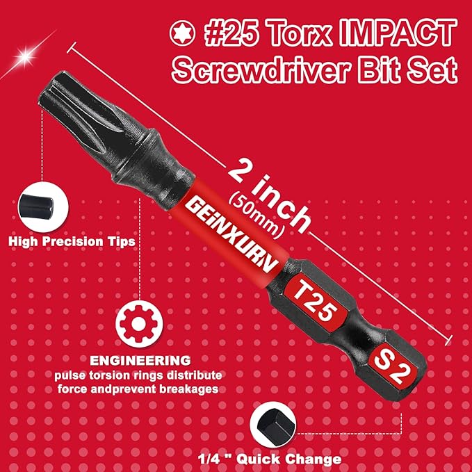 10 Pieces 2 In. T25 Impact Tough Magnetic Screwdriver Bit Set, #25 Torx Head Power Bits, S2 Alloy Steel Star Bits with Storage M-Box