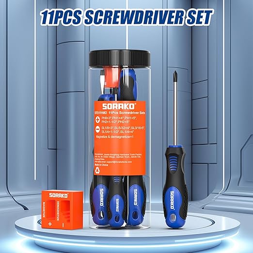 SORAKO 11-Piece Magnetic Screwdriver Set, 5 Phillips and 5 Slotted Tips, Include Magnetizer, Screwdriver with Professional Non-Slip Grip, for Home Repair and DIY Projects,With Case