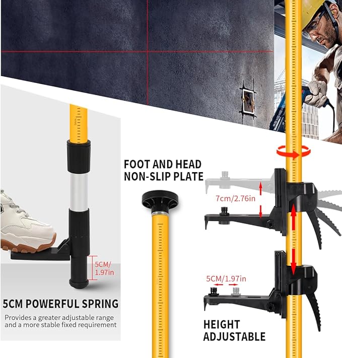 12 Ft/3.7 M Adjustable Telescoping Laser Pole, Laser Level Pole with Tripod and Bracket, 1/4"-20 & 5/8"-11 Mounts, Tripod with Bubble Level & Carry Case for Rotary/Line Lasers