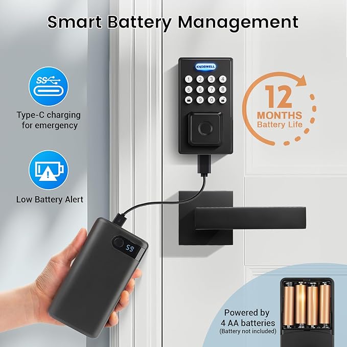 KNOBWELL Smart Fingerprint Door Lock with Lever Handle, Keyless Entry, Biometric Keypad, Electronic Deadbolt Lock,Matte Black