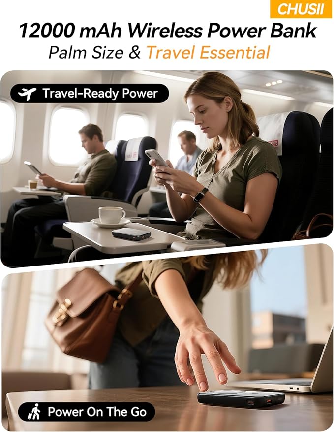 for Magsafe Portable Charger, 12000mAh Wireless Magnetic Power Bank with Stand and PD 20W Fast Charging, for Magsafe Battery Pack Compatible with iPhone 16/15/14/13/12 Series,Travel Camping Essential