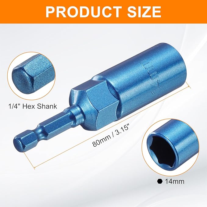 HARFINGTON Nut Driver 14mm Hex Drive Socket CR-V Steel Power Screw Drill Bits Socket Wrench Tools with 1/4" Quick Change Hex Shank for Power Drills Impact Drivers, Blue