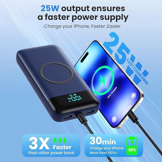 Wireless Portable Charger 40800mAh with 3 Built-in Cables,7-in-1 15W Wireless Charging Power Bank,25W PD QC 4.0 Fast Charging USB C LCD Display Battery Pack for iPhone 16/15/13,Samsung,Android-Blue