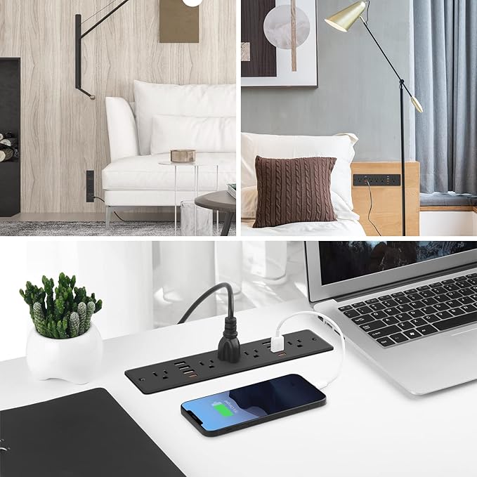 HHSOET 45W Fast Charging Recessed Power Strip Flat Plug, 13 in 1 Furniture Outlet with USB, Conference Recessed Surge Protection Socket with 5 AC Plugs, 6 USB Ports 2 USB-C, 6ft Power Cord.(Black)