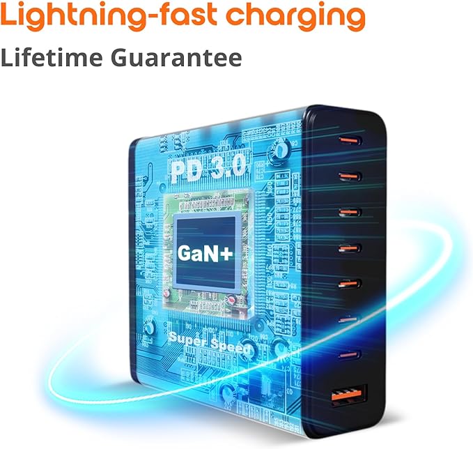 Upgraded 240W 8 Ports GaN Charger with Travel Case, USB C Charging Hub, Multi USB C Charger Station for MacBook Pro/Air/iPad Pro/iPhone/Samsung Galaxy Note
