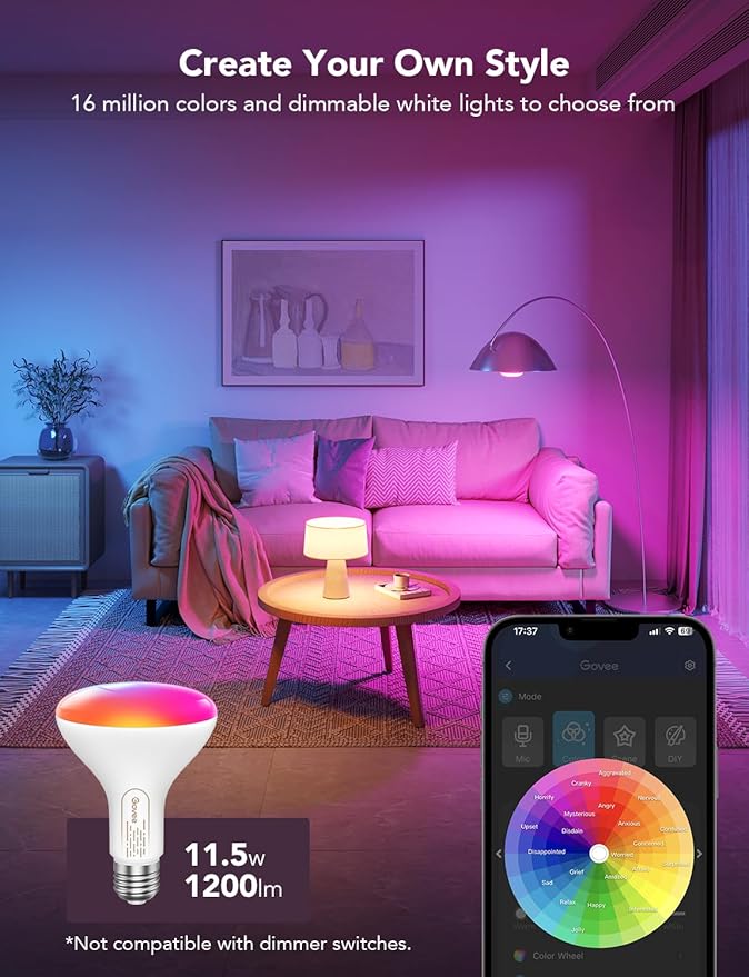 Govee Smart Light Bulbs, 1200 Lumens Dimmable BR30 Bulbs, RGBWW Color Changing Light Bulbs, WiFi & Bluetooth LED Bulbs, 16 Million Colors, Music Sync, Compatible with Alexa, Google Assistant, 4 Pack