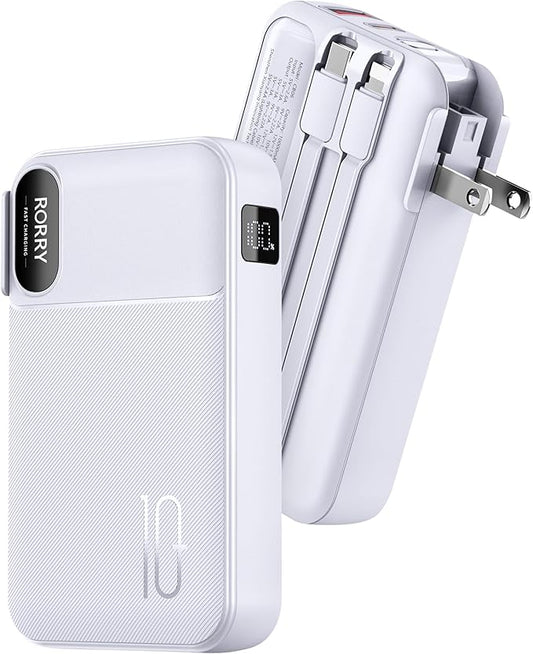 RORRY Portable Charger Built in Cables, AC Wall Plug in Portable Charger Power Bank 10000mAh Travel Battery Pack 22.5W Fast Charging for iPhone 16/15/14 Samsung Galaxy S24/S23 Pixel LG iPad, Purple