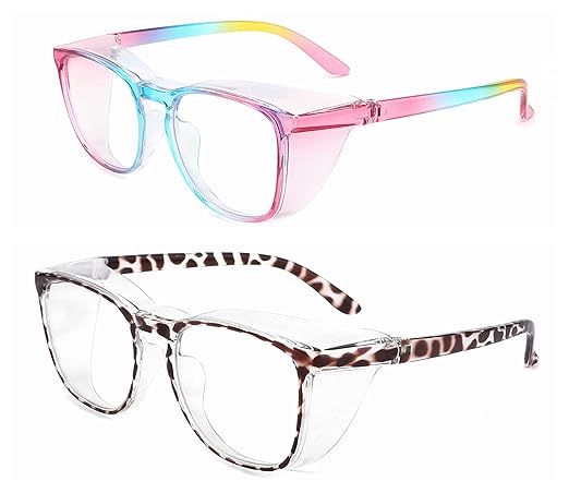 Alsenor Safety Glasses Anti Fog Goggles Protective Eyewear Blue Light Blocking Anti Dust UV Protection Glasses For Men Women (2 Pack (Rainbow + Newleopard))