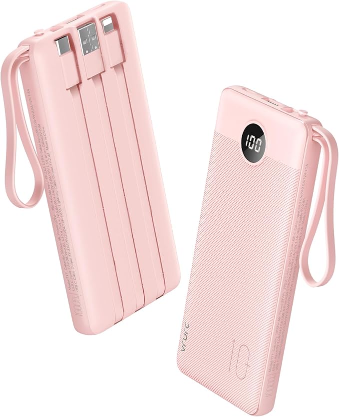 VRURC Portable Charger, 22.5W Power Bank 10000mAh, USB-C Cable in & Out Fast Charging Battery Pack, Compact Travel Essential 4 Outputs 3 Inputs for iPhone 16 15 14 13,Samsung, Android etc-Pink