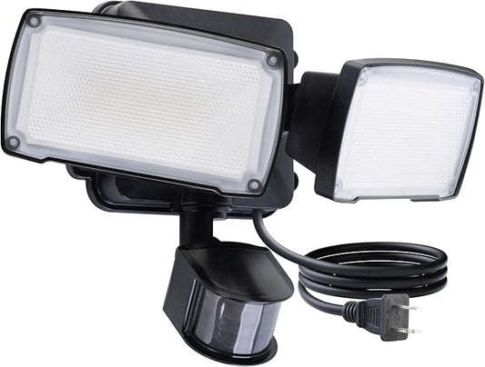 LUTEC 21W Plug in Motion Sensor Light Outdoor, Flood Lights Outdoor Motion Sensor,2500LM, 5000K Daylight,IP65 Waterproof,Adjustable 2 Heads Wall Light for Garage, Porch, Yard - Black