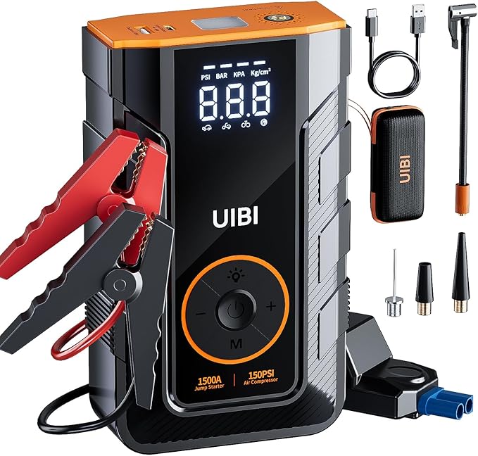 Jump Starter with Air Compressor, X3 1500A Car Battery Jumper Starter Portable for 8.0L Gas or 6.0L Diesel Engine, 12V Jump Box with Smart Jumper Cables, 150PSI Tire Inflator, PD45W, LED Light