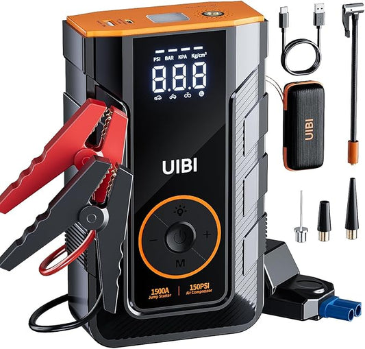 Jump Starter with Air Compressor, X3 1500A Car Battery Jumper Starter Portable for 8.0L Gas or 6.0L Diesel Engine, 12V Jump Box with Smart Jumper Cables, 150PSI Tire Inflator, PD45W, LED Light