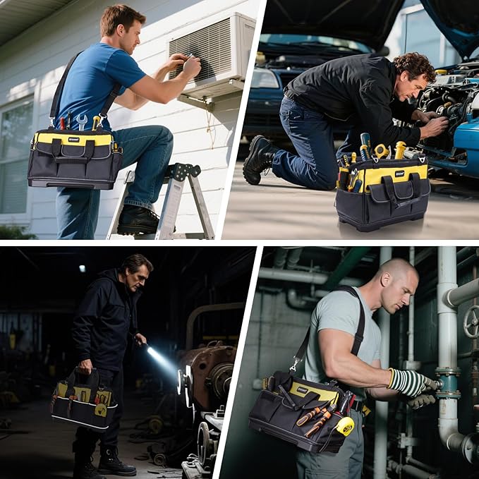 TICONN Heavy Duty Tool Bag with Multi-Pockets, Portable Tool Box Organizer Storage Bag, with Adjustable Shoulder Strap and Ergonomic Handle (Yellow, 16" Molded Base)