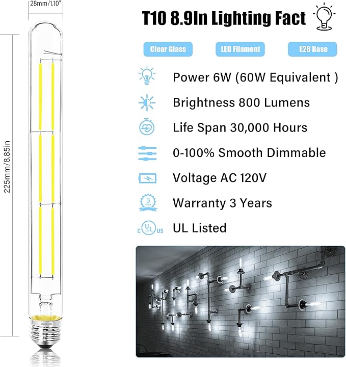 8.9IN LED Light Bulbs E26 Base, 6W 800LM 5000K Daylight White T10 T9 Vintage Edison Bulbs Dimmable, AC 120V Equal 80 Watt Clear Glass Long Tubular Filament Bulb, UL Listed - 2Pack
