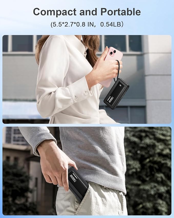 Portable Charger with Built in Cables, Slim 10000mAh Fast Charging 22.5W Power Bank USB C LED Display Battery Pack 6 Outputs & 2 Inputs for iPhone Samsung Pixel LG Moto iPad