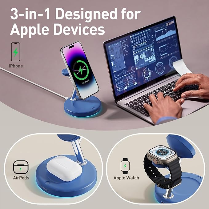 3 in 1 Charging Station Compatible with Mag-Safe Charger Wireless Charger Stand for iPhone 16 15 14 13 12 Series Wireless Charging Station for AirPods Wireless Charging Stand for iWatch Series (Blue)