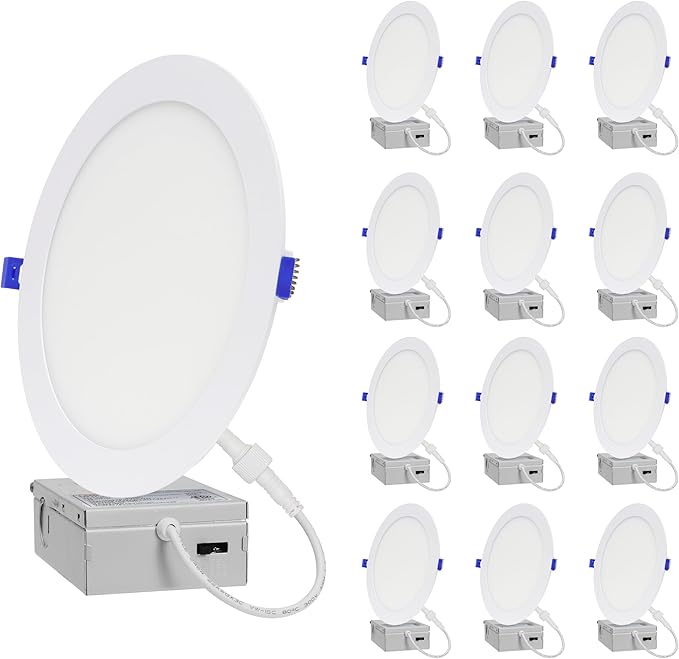 12-Pack of 8-Inch Slim LED Recessed Lights with Junction Box, Adjustable Color Temperatures (2700K-5000K), 18W Equivalent to 125W, Dimmable, 1600LM Brightness - ETL and Energy Star Certified