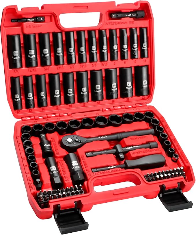 3/8" Drive Impact Socket Set 95Pcs, Spark Plug Socket (5/8", 13/16"), 6 Point Metric & SAE from 5/16"- 3/4", 8-22mm, CR-V Deep & Shallow Kit with Quick Release Ratchet (72-Tooth) for Home & DIY