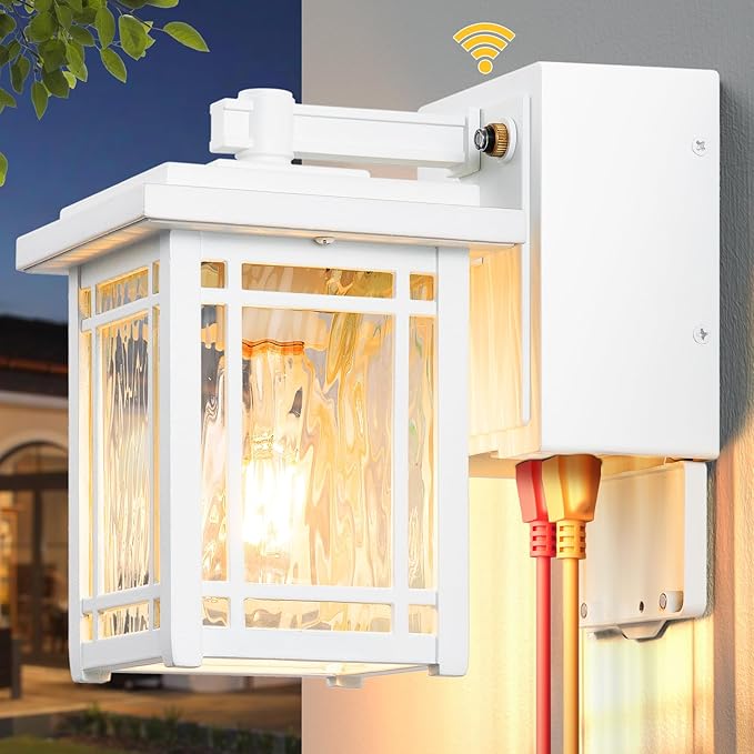 Porch Light with GFCI Outlet, White Dusk to Dawn Light Fixture, Outdoor Wall Light Wall Mount, Waterproof Exterior Wall Sconce Outside Lantern, 100% Aluminum Outdoor Garage Lights for Coach