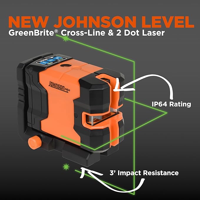 Johnson Level & Tool JLD300-GN2D Laser Level, Self-Leveling Cross-Line & 2 Dot Laser with GreenBrite® Technology, Magnetic Base, Hard-shell Carry Case, Lithium Ion Battery, Magnetic Target