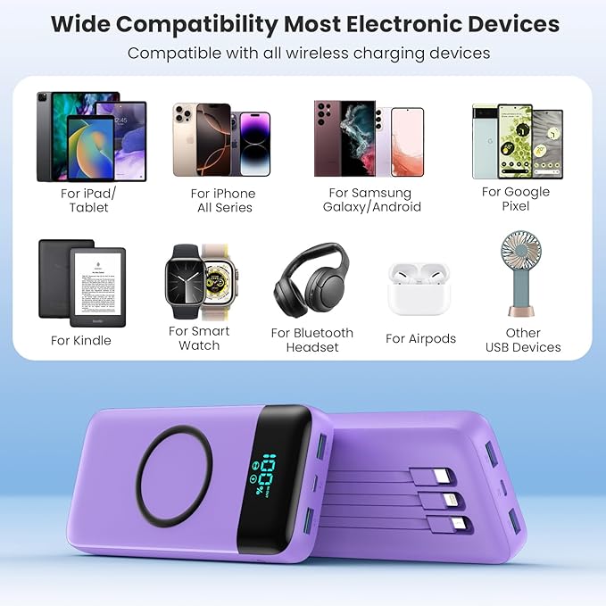 Wireless Portable Charger 40800mAh with 3 Built-in Cables,7-in-1 15W Wireless Charging Power Bank,25W PD QC 4.0 Fast Charging USB C LCD Display Battery Pack for iPhone 16/15/13,Samsung,Android-Purple