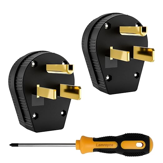 NEMA 6-50P Straight Blade Angle Plug 2 Pack, AC Dryer Replacement Male Angle Plug,3-Prong Grounding Heavy Duty Universal Power Male Connector for Dryers, welder, generator 50 A,250V-with 1 Screwdriver