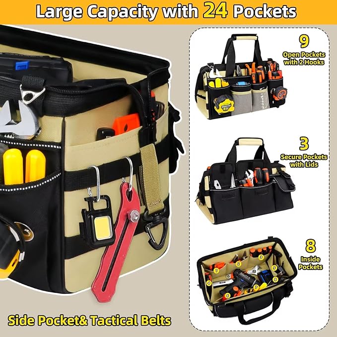 15 Inch Heavy Duty Tool Tote Bag with 24 Pockets, Wide Open Mouth Tool Box Organizer Case with Shoulder Strap, Portable Electrician Tool Kit Storage Carrying Pouch with Lockable Zipper (Khaki)