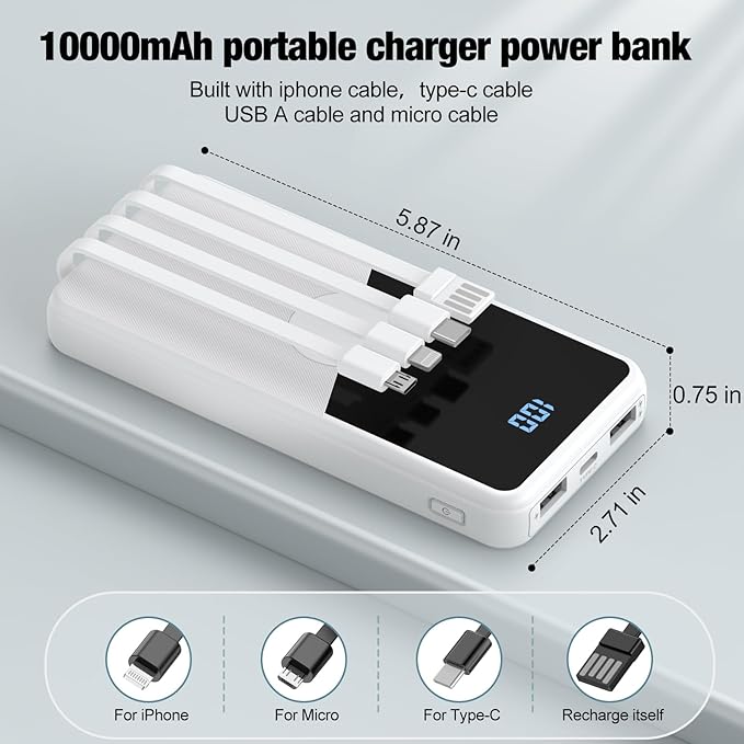 Portable Charger with Built in Cables,High Speed Power Bank 10000mAh Travel Battery Pack 5 Outputs 3 Inputs Portable Phone Charger Backup Battery for iPhone, Samsung, iPad,Tablets (White)