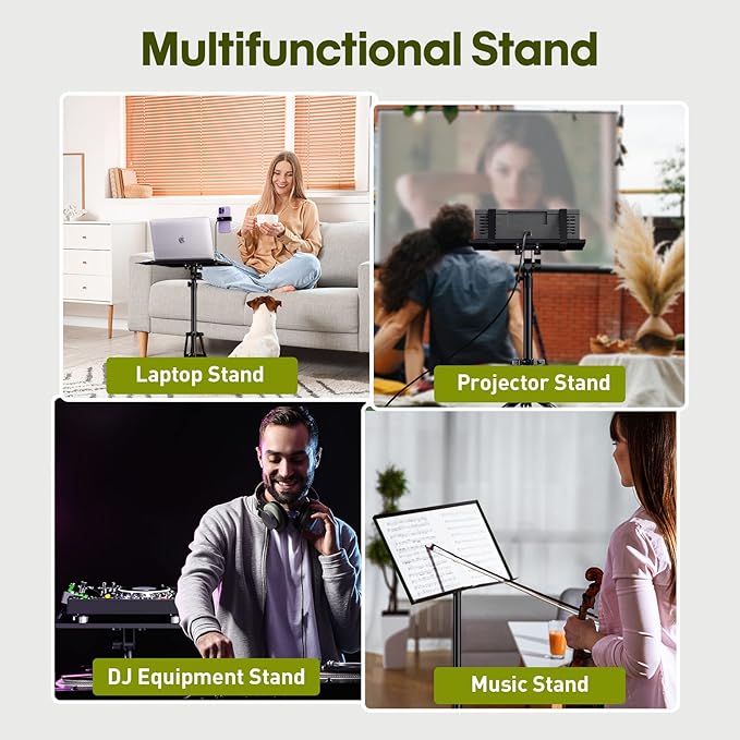 Projector Stand Tripod Adjustable Height 20 to 60 Inch, Portable Laptop Tripod with Gooseneck Phone Holder & Mouse Tray, Projector Stand Outdoor Laptop Floor Stand for Podium,Studio, DJ Racks