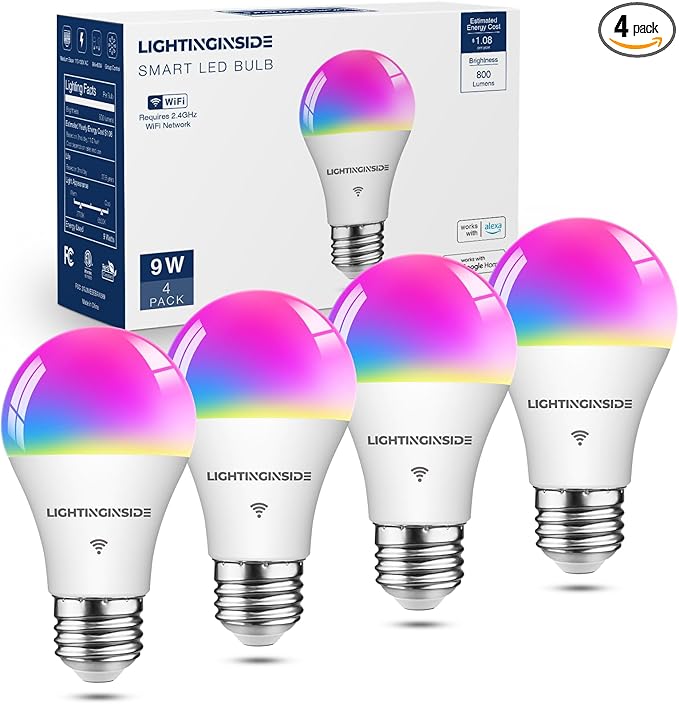 Smart Light Bulbs 60W Equivalent, WiFi Smart Bulb Compatible with Alexa/Google Assistant/Smart Life, A19 E26 RGBCW Color Changing, No Hub Required,2.4G WiFi, ETL Listed, 9W 800LM, 4PCS