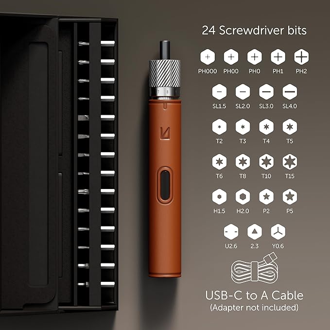 Lunar Artefacts Precision Electric Cordless Rechargeable Brown Leather and CNC Aluminum Screwdriver with 24 Magnetics Bits and Easy Storage Toolbox